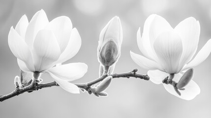 Black and white photograph of white magnolia flowers blooming in contrasting directions on a...