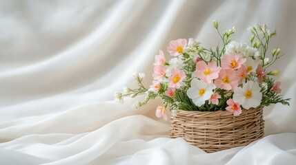 Obraz premium Woven basket with colorful flowers on white satin fabric elegant background for floral arrangements and invitation designs