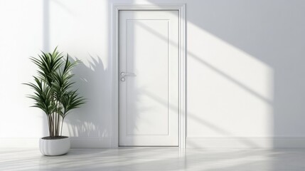 Modern white entrance door in minimalist apartment interior with natural sunlight and potted plant creating a serene atmosphere