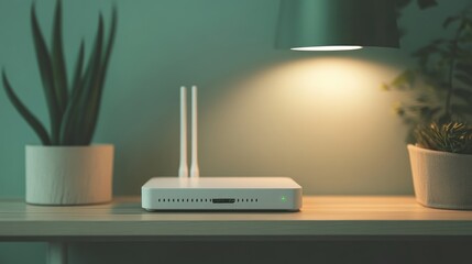 Modern wifi router on a wooden table in a softly lit room, surrounded by decorative potted plants and a stylish lamp, technology, home office, connectivity, warm ambiance.