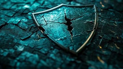 futuristic digital interface displays a shield broken into pie-like segments, symbolizing vulnerability, division, or protection being fragmented. A sleek design with glowing elements enhances the con