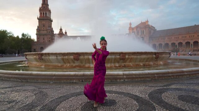 Ni&ntilde;a t&iacute;pica espa&ntilde;ola bailando flamenco en la ciudad de Sevilla, Andaluc&iacute;a, Espa&ntilde;a, con la luz suave y bonita del atardecer un d&iacute;a con cielo azul y nubes.