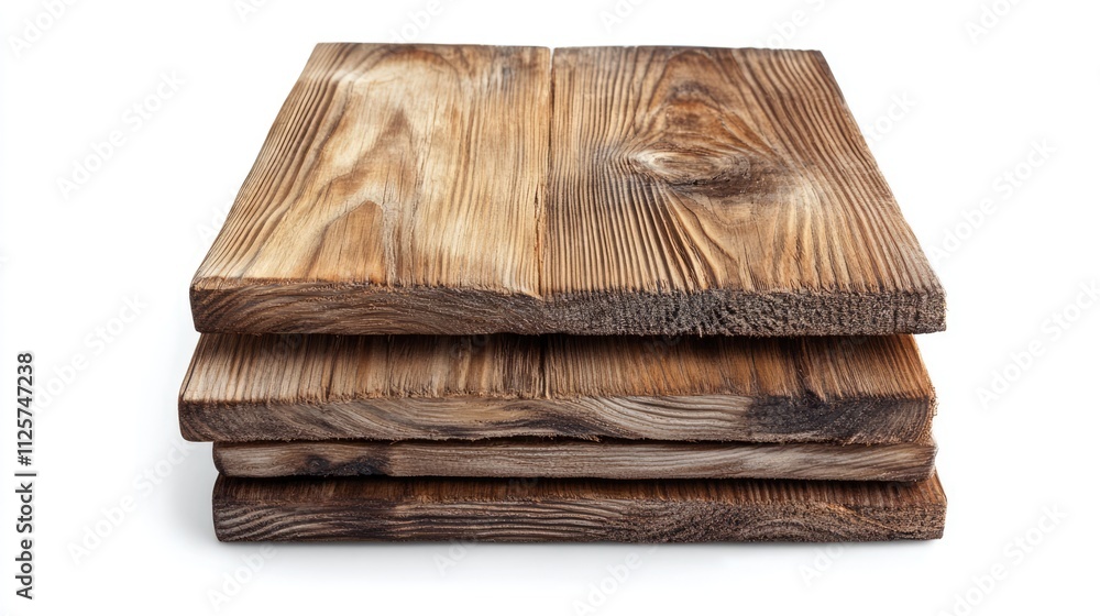 Poster stack of rustic wooden boards isolated on white background with natural grain texture and clean clip