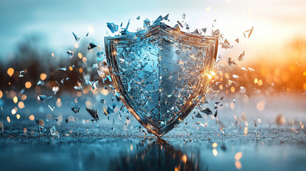futuristic digital interface displays a shield broken into pie-like segments, symbolizing vulnerability, division, or protection being fragmented. A sleek design with glowing elements enhances the con