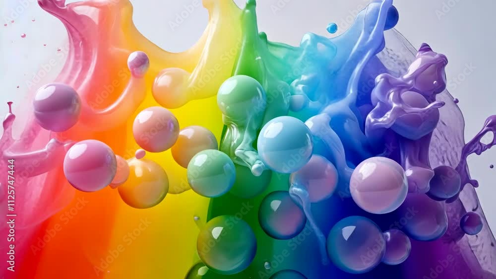 Poster vibrant splash of rainbow colors with spherical bubbles creating an artistic abstract design