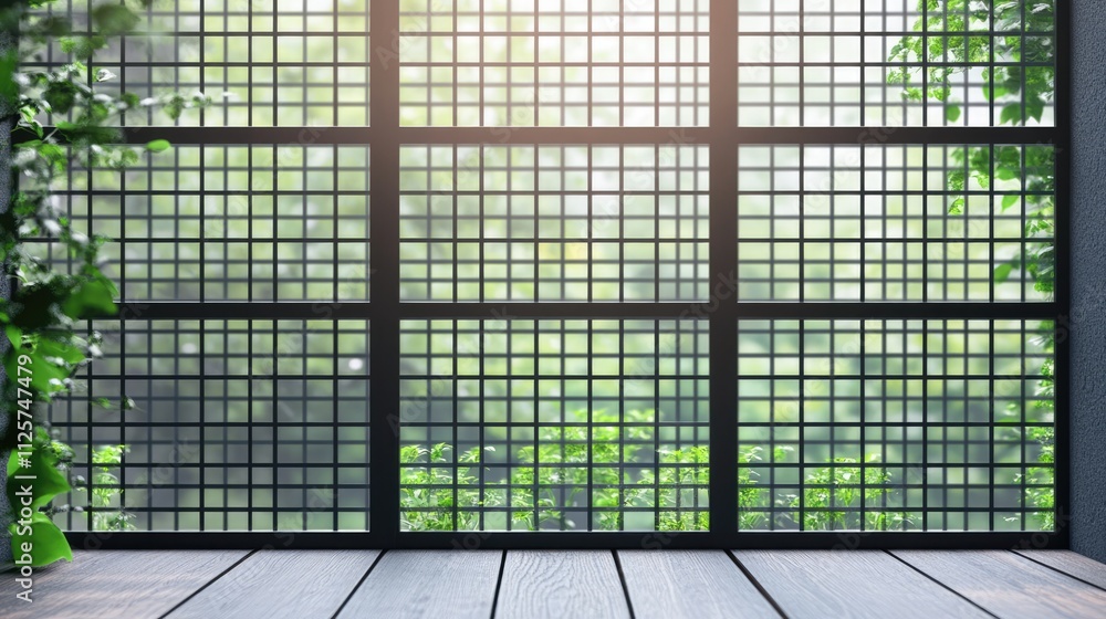 Aufkleber metal mesh window grill with lush greenery view and soft light creating a serene atmosphere in an in