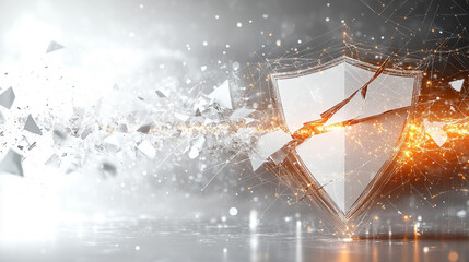 futuristic digital interface displays a shield broken into pie-like segments, symbolizing vulnerability, division, or protection being fragmented. A sleek design with glowing elements enhances the con
