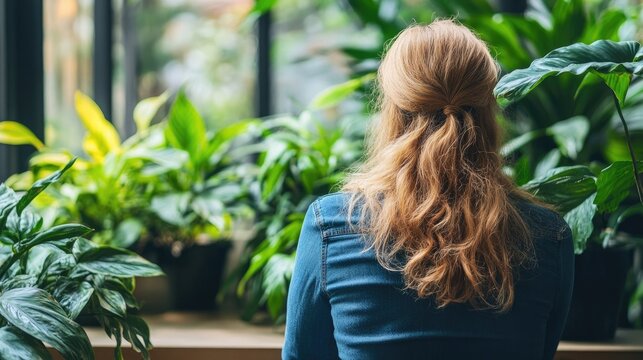 Woman in a denim shirt observing lush greenery from her office window surrounded by indoor plants and a serene atmosphere