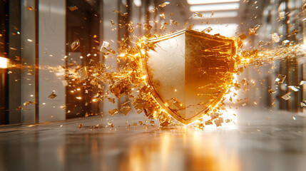 futuristic digital interface displays a shield broken into pie-like segments, symbolizing vulnerability, division, or protection being fragmented. A sleek design with glowing elements enhances the con