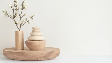 insomnia sleep solutions concept, A serene arrangement featuring stacked stones and a vase with blossoms on a wooden tray, creating a calming aesthetic.