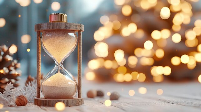 insomnia sleep solutions concept, A beautiful hourglass sits on soft fabric, surrounded by festive bokeh lights and seasonal decorations, symbolizing the passage of time.
