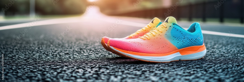 Poster a pair of colorful running shoes rests on the asphalt track, illuminated by warm sunset tones, invit