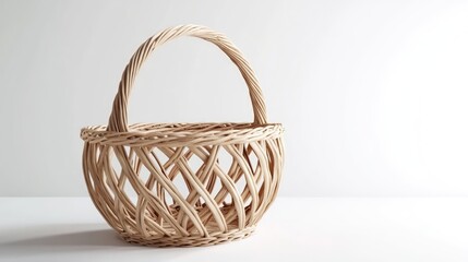 Wicker basket with decorative handle showcasing natural texture and simplicity against a clean white background