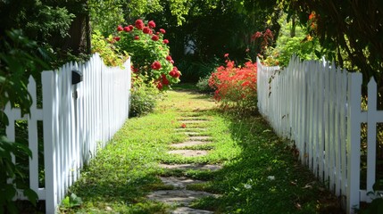 White picket fence surrounding a lush backyard garden with vibrant flowers and stone path, providing privacy and protection in a serene outdoor setting, gardening, landscaping, home improvement.