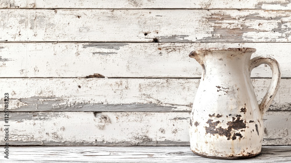 Poster rustic white milk pitcher on distressed wooden background warm sunlight farmhouse style with ample c