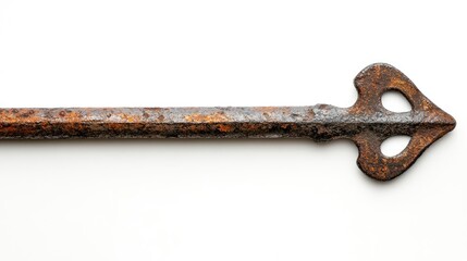Obraz premium Rusty iron stake isolated on white background showcasing wear and historical elements of an antique tool or architectural detail