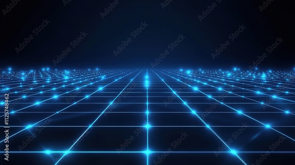 Poster dynamic neon grid with glowing lines and circles in dark space