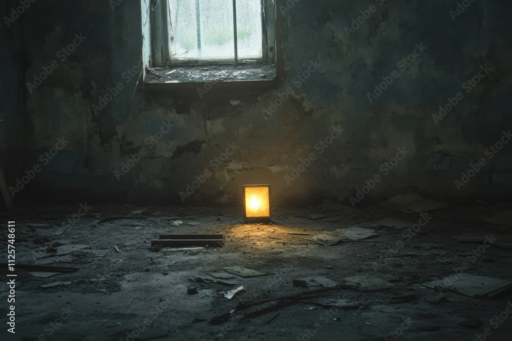 Leinwandbilder A solitary light source casts a warm glow in a dark, empty room, evoking feelings of abandonment and providing blank space for text. Generative AI