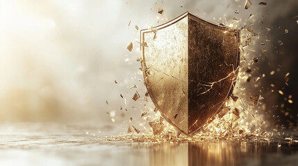 futuristic digital interface displays a shield broken into pie-like segments, symbolizing vulnerability, division, or protection being fragmented. A sleek design with glowing elements enhances the con