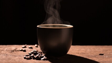 A steaming cup of coffee sits on a wooden surface, surrounded by scattered coffee beans, evoking...