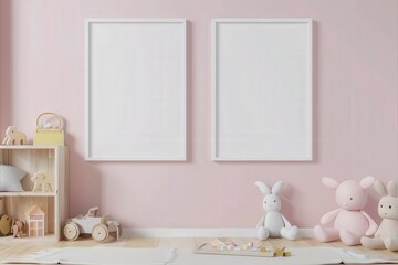 Two blank picture frames above a wooden shelf and toys in a pink children s room