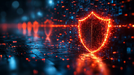 futuristic digital interface displays a shield broken into pie-like segments, symbolizing vulnerability, division, or protection being fragmented. A sleek design with glowing elements enhances the con