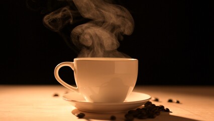 A steaming cup of coffee sits on a wooden surface, exuding warmth and aroma in a dimly lit setting.