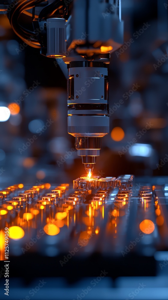 Poster close-up of a laser cutting machine in an industrial setting, highlighting precision work.
