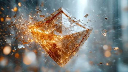 futuristic digital interface displays a shield broken into pie-like segments, symbolizing vulnerability, division, or protection being fragmented. A sleek design with glowing elements enhances the con