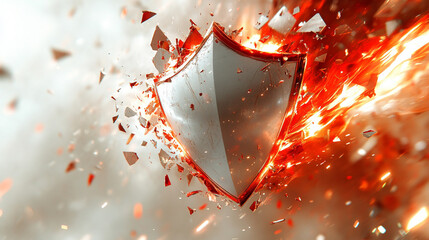 futuristic digital interface displays a shield broken into pie-like segments, symbolizing vulnerability, division, or protection being fragmented. A sleek design with glowing elements enhances the con