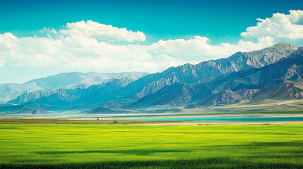 Fototapeta premium Xinjiang Altai Scenery Green Mountains Grassland Meadows Mountain Peaks Natural Landscape 