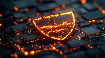 futuristic digital interface displays a shield broken into pie-like segments, symbolizing vulnerability, division, or protection being fragmented. A sleek design with glowing elements enhances the con