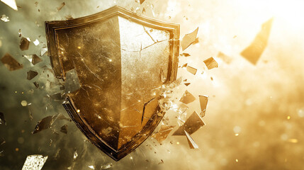 futuristic digital interface displays a shield broken into pie-like segments, symbolizing vulnerability, division, or protection being fragmented. A sleek design with glowing elements enhances the con