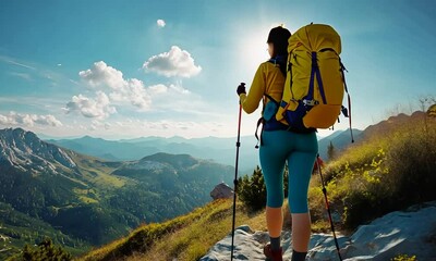 A hiker with a yellow backpack walks along a rocky trail, surrounded by lush mountains and a bright blue sky, embodying the spirit of adventure and exploration.