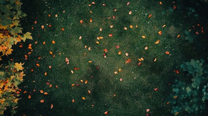 Aerial view of autumn leaves scattered on green grass.