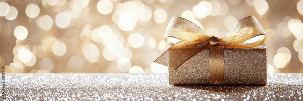 Poster a stunning golden ribbon forms an elegant bow on a sparkling surface, perfect for creating a festive