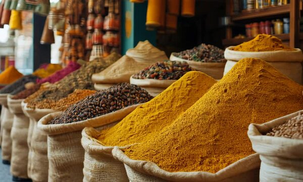Aromatic Spices in Burlap Sacks at a Vibrant Market Stall