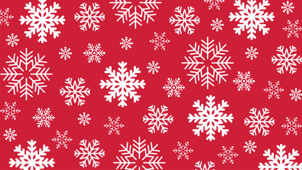 Classic Christmas snowflakes pattern with white snowflakes with various sizes and shapes on a red background. 