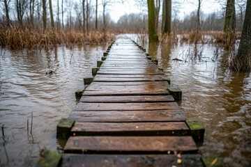 Fototapeta premium Serene Wooden Pathway Over Water in a Misty Forest Landscape Surrounded by Trees and Marshland Capturing the Essence of Nature’s Tranquility and Beauty