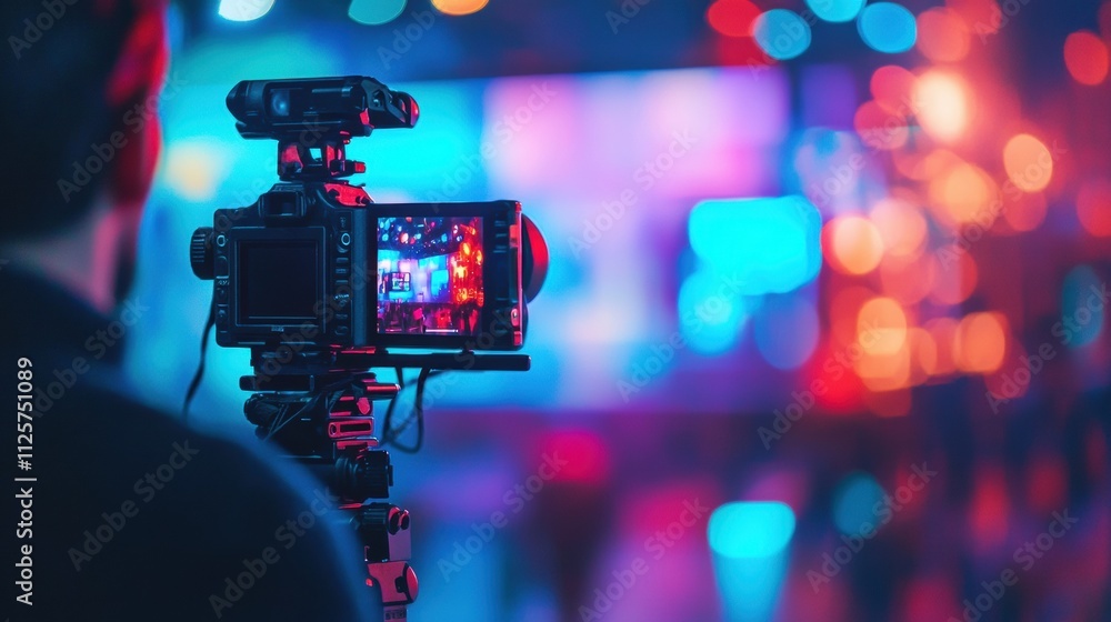 Fototapete A person conducts a lively on-camera interview in a modern studio with vibrant lights and advanced media technology. Generative AI