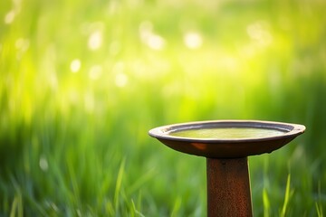 Tranquil Bird Bath in a Sunlit Garden Surrounded by Lush Green Grass Offering a Serene Outdoor Space for Birds to Refresh and Enjoy Nature
