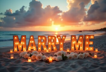 Magical Beach Proposal Scene at Sunset with Glowing "MARRY ME" Letters, Heart-Shaped Arrangement of White Roses and Candles, Set Against a Backdrop of Ocean Waves and Dramatic Clouds