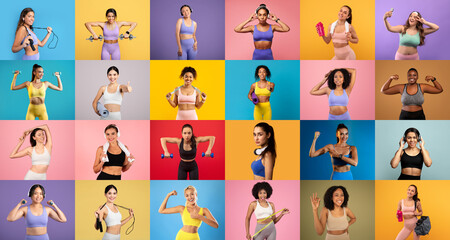 A vibrant collage showcases women of different backgrounds participating in fitness activities, such as weightlifting, stretching, and using exercise equipment against colorful backdrops.