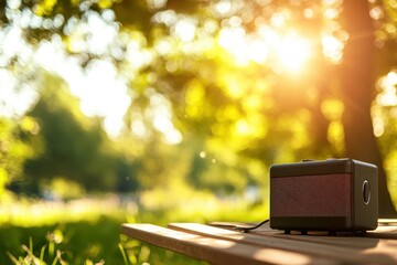Vintage Style Portable Speaker on Wooden Table with Soft Sunlight in a Green Park, Perfect for Relaxing Outdoor Music Sessions and Gatherings