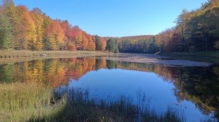 Fototapeta premium Calm autumn lake reflecting colorful foliage.