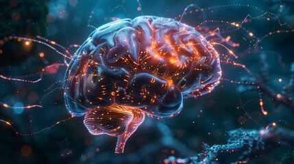 A human brain, awash in a vibrant display of neural pathways, pulses with a warm, inner light.