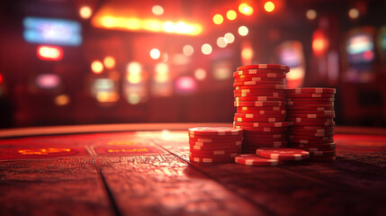 stacked poker chips in various colors, symbolizing risk, strategy, and chance. The blurred casino background evokes the allure and excitement of gambling and high-stakes play