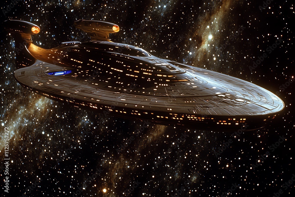 Poster a futuristic spaceship gliding through a starry galaxy, showcasing advanced technology.