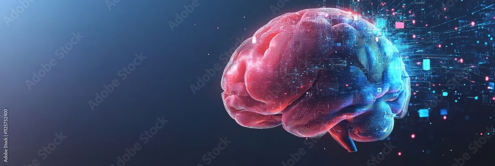 Poster a graphic of a brain connecting with circuits, chips, and holographic projections, emphasizing the f