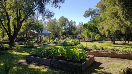 Sunny community garden with raised beds, lush greenery, trees, and a shaded gazebo.